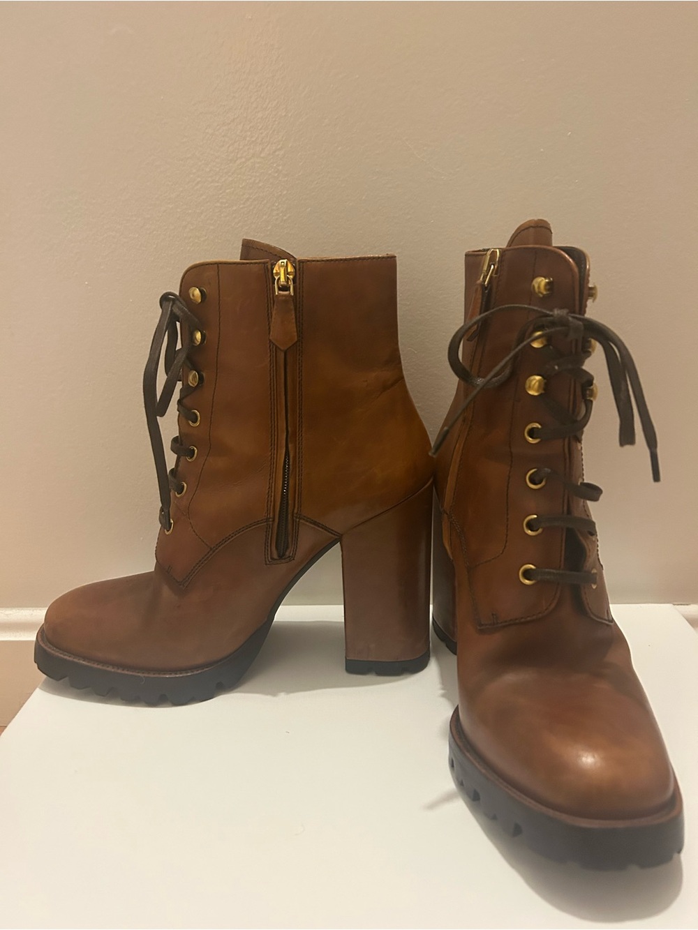 Prada Brown Leather Lace-Up Block Heel Boots - Picture 2 of 6